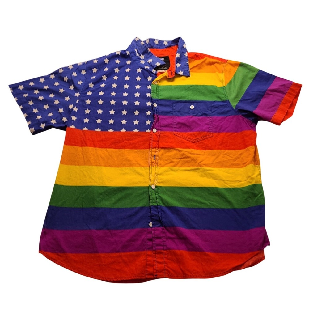 Spencer's Rainbow Striped Star Print Button Down Shirt Men's Large Pride USA